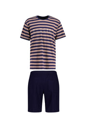 Schlafanzug Zweiteiler - 522-braun-mittel-Ringel - Blau