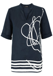 Leinenbluse mit V-Ausschnitt - 50-Marine - Blau