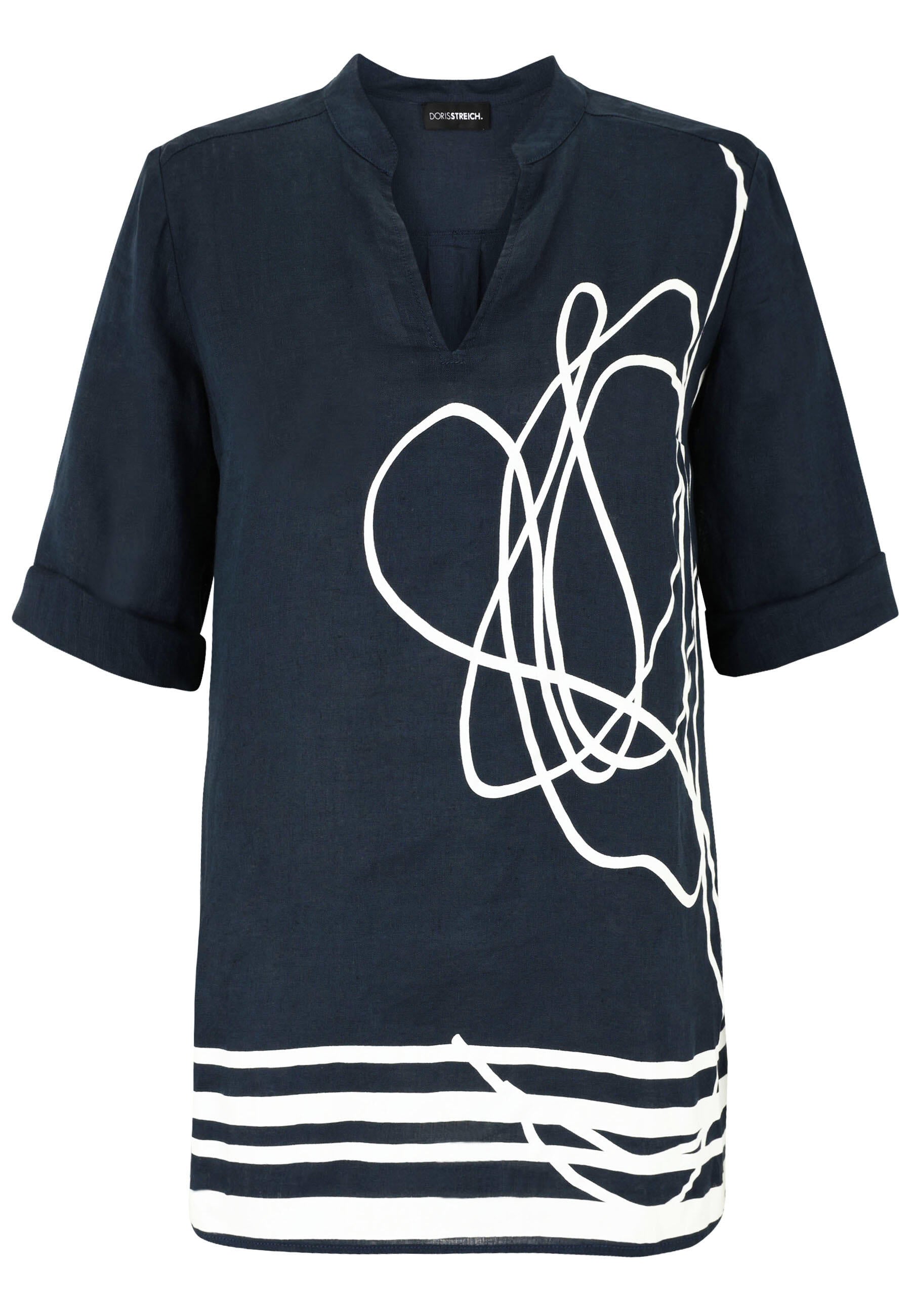 Leinenbluse mit V-Ausschnitt - 50-Marine - Blau