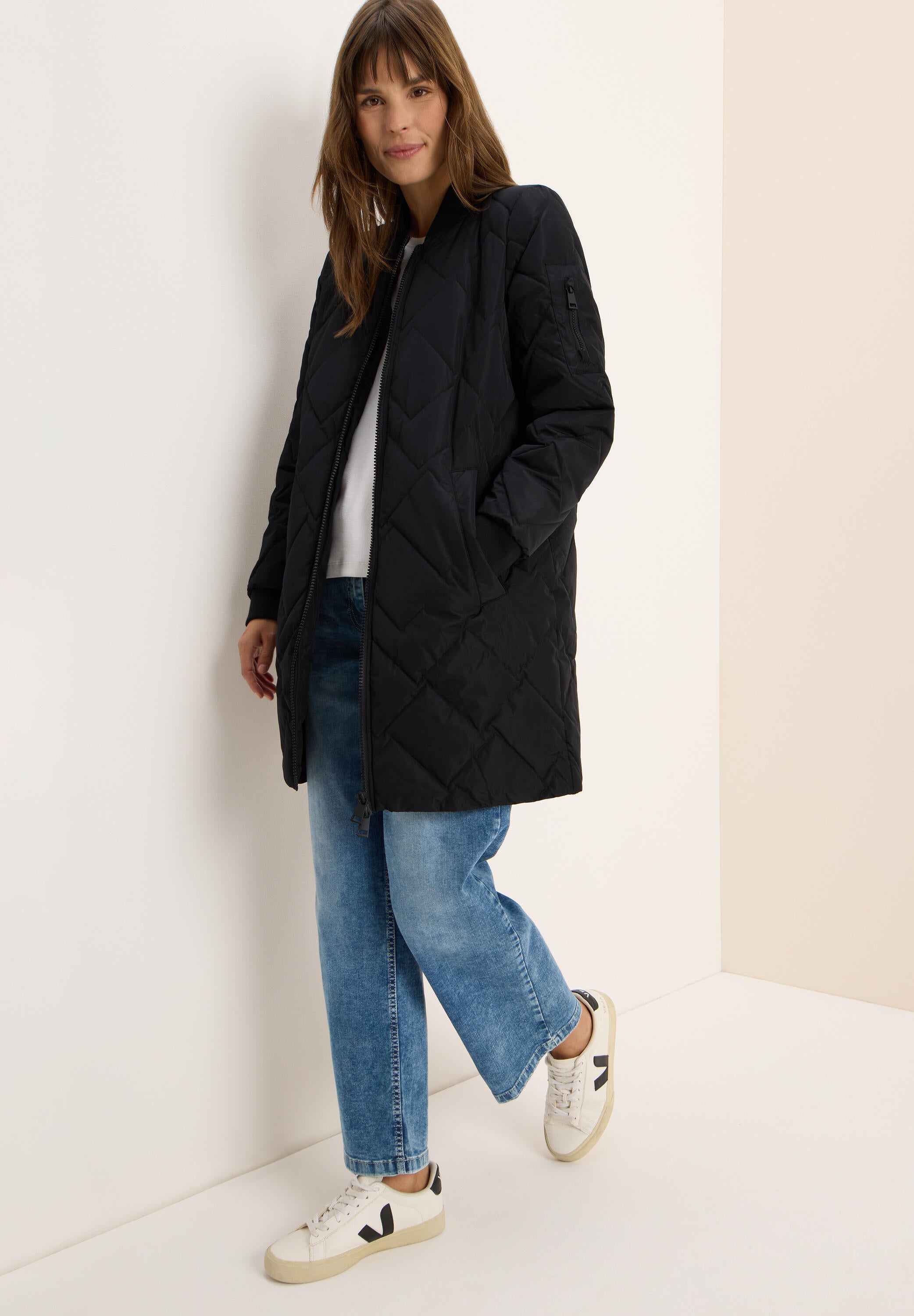 Steppmantel mit Bündchenkragen - 10001 Black - Schwarz