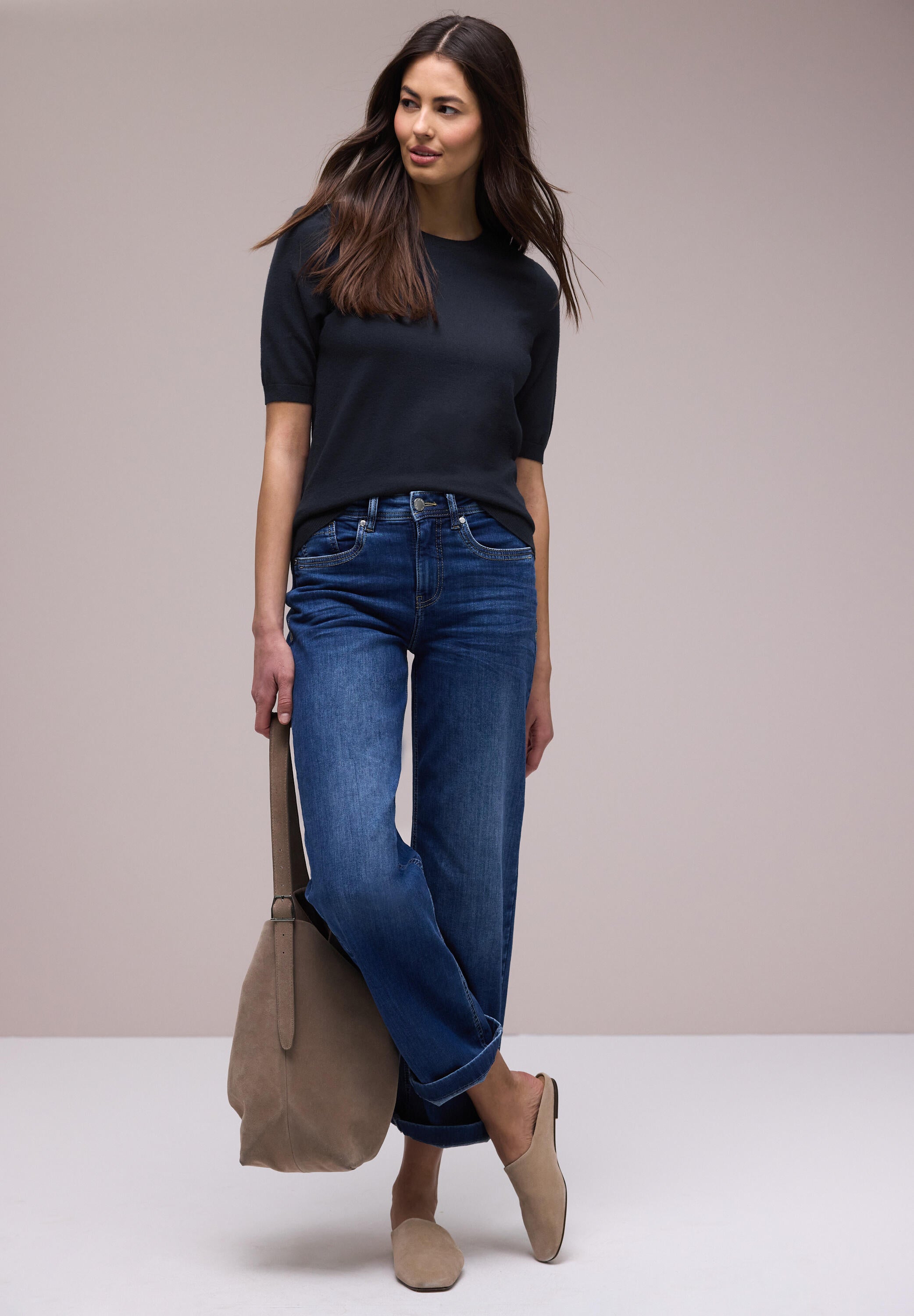 Strickpullover Halbarm Rundhalsausschnitt - 17502-shadowed navy - Blau