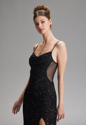 Abendkleid Maxi mit Pailletten - 100 - Schwarz