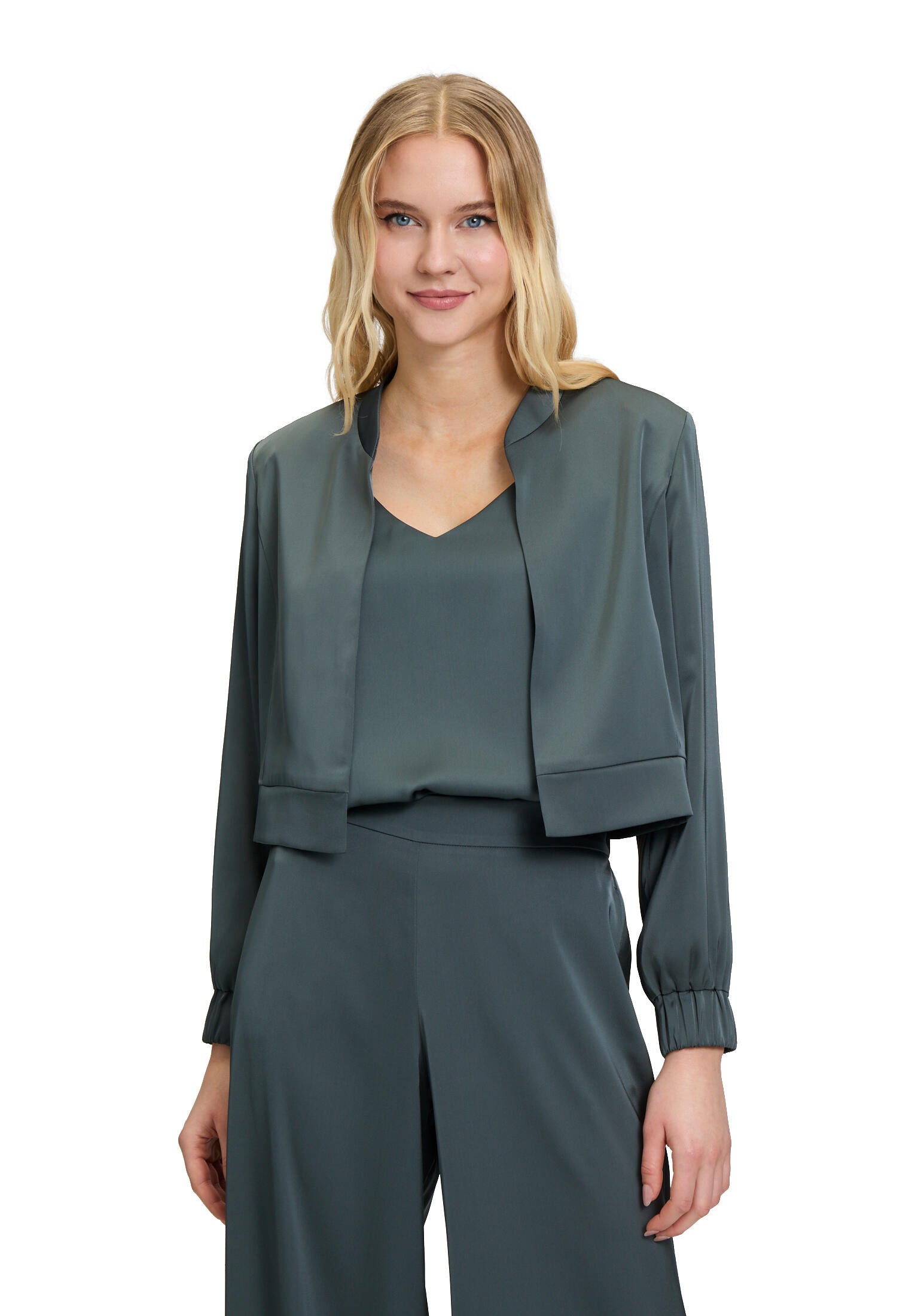 Satin-Blouson mit Stehkragen - 5605-Grey Olive - Grün