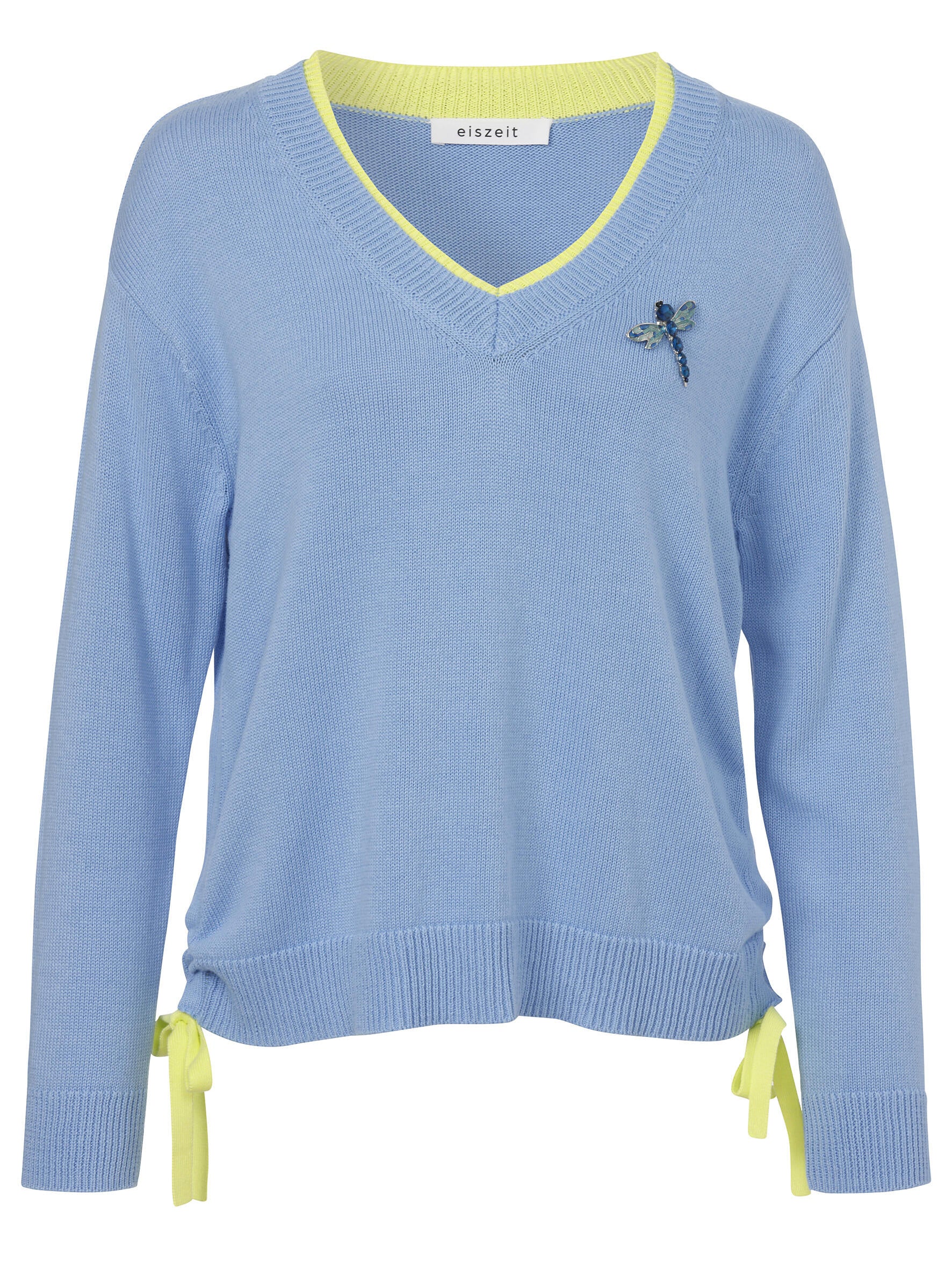 Strickpullover aus Baumwollmix mit Brosche - 864474-sky blue / lime - Blau