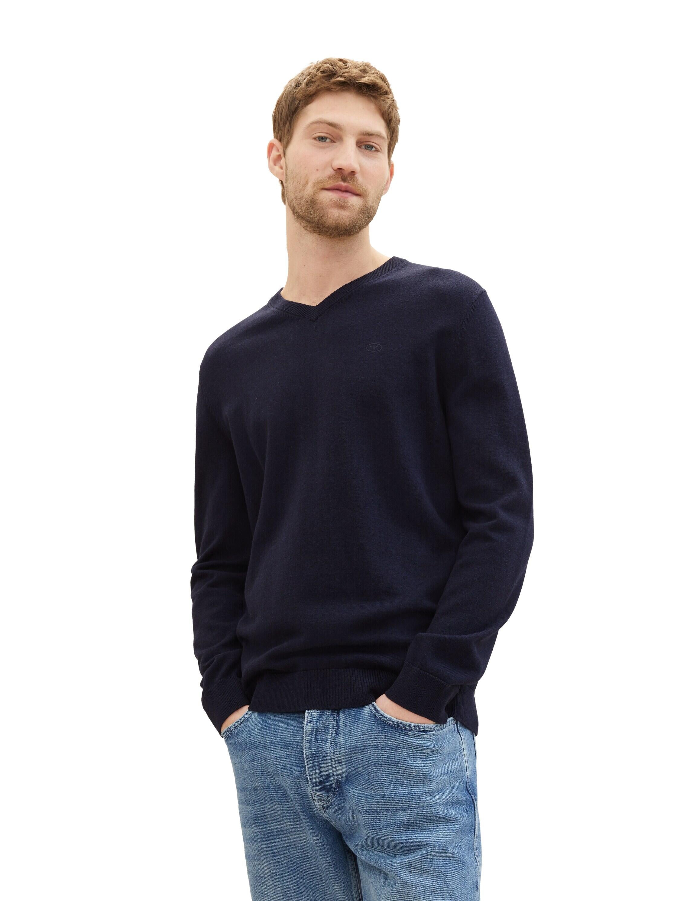 Strickpullover mit V-Ausschnitt - 13160-Knitted Navy Melange - Blau