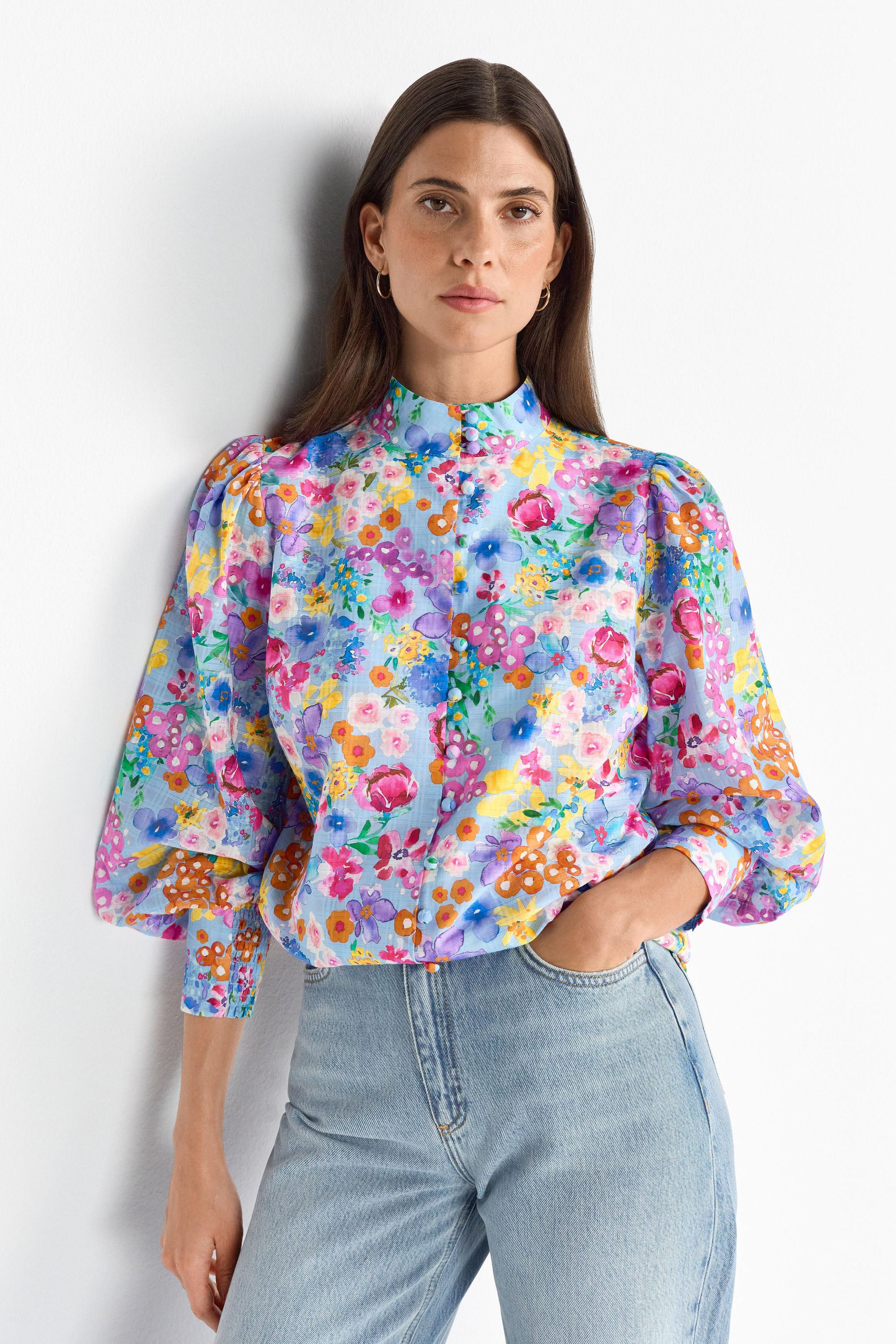 Bluse floral aus Baumwollmix - 702-bluebelle - Blau