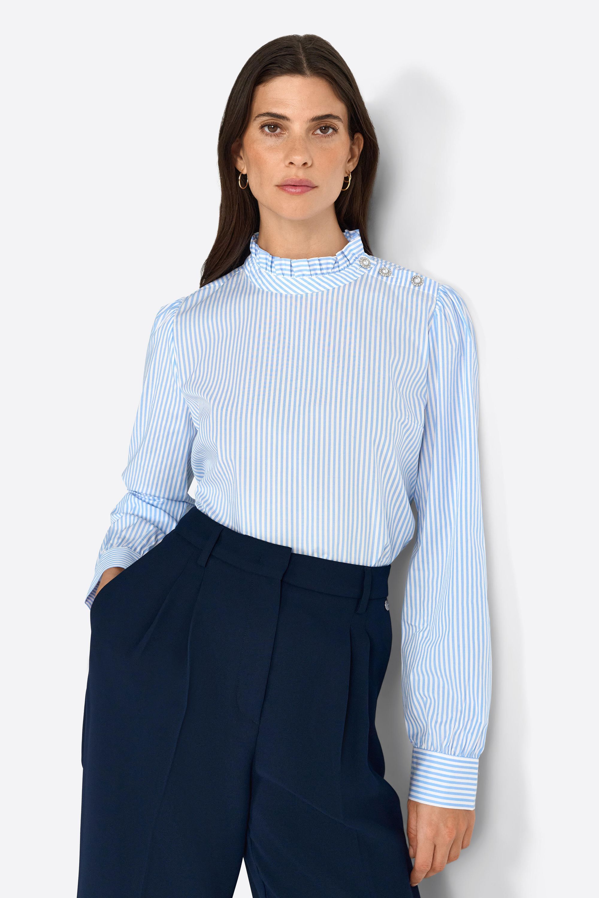 Bluse mit Rüschenkragen - 718-skyway blue - Blau | Weiß