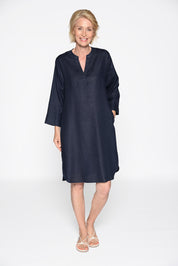 Freizeitkleid Midi aus Leinen - 623 MARINE - Blau