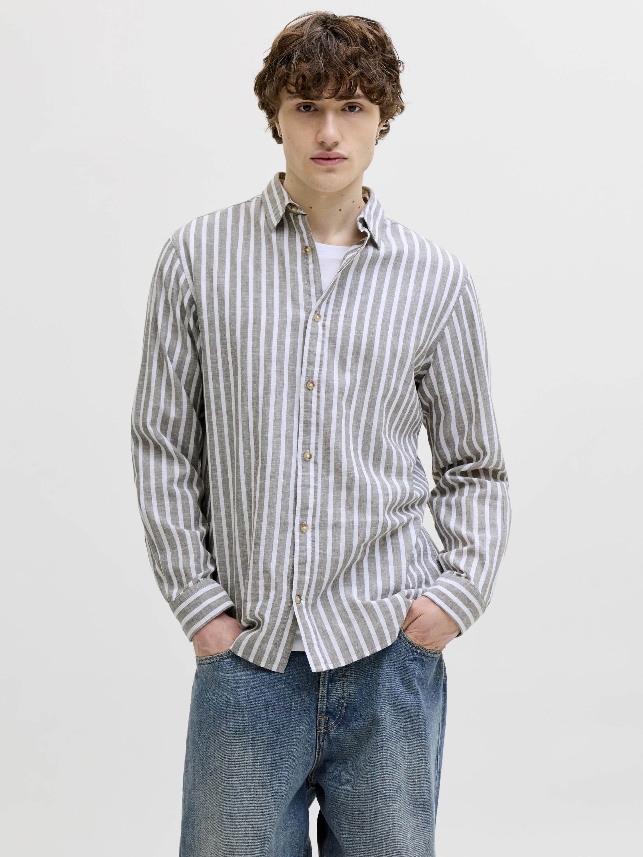 Leinenhemd Regular Fit - Vetiver/STRIPES - Grau