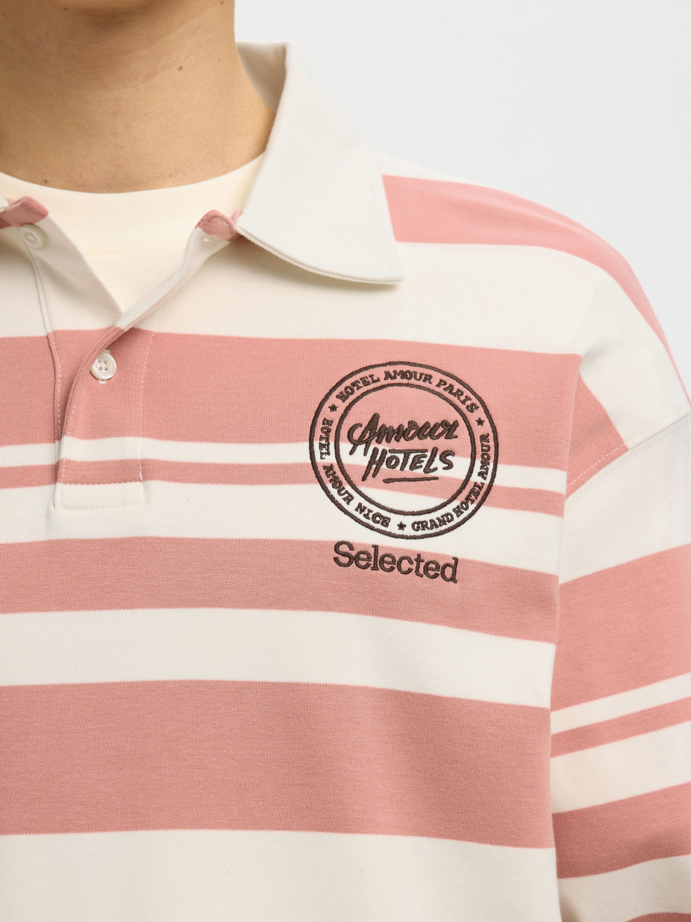 Langarmpoloshirt HOTEL AMOUR aus Bio-Baumwolle - Egret/Rose Dawn - Rot