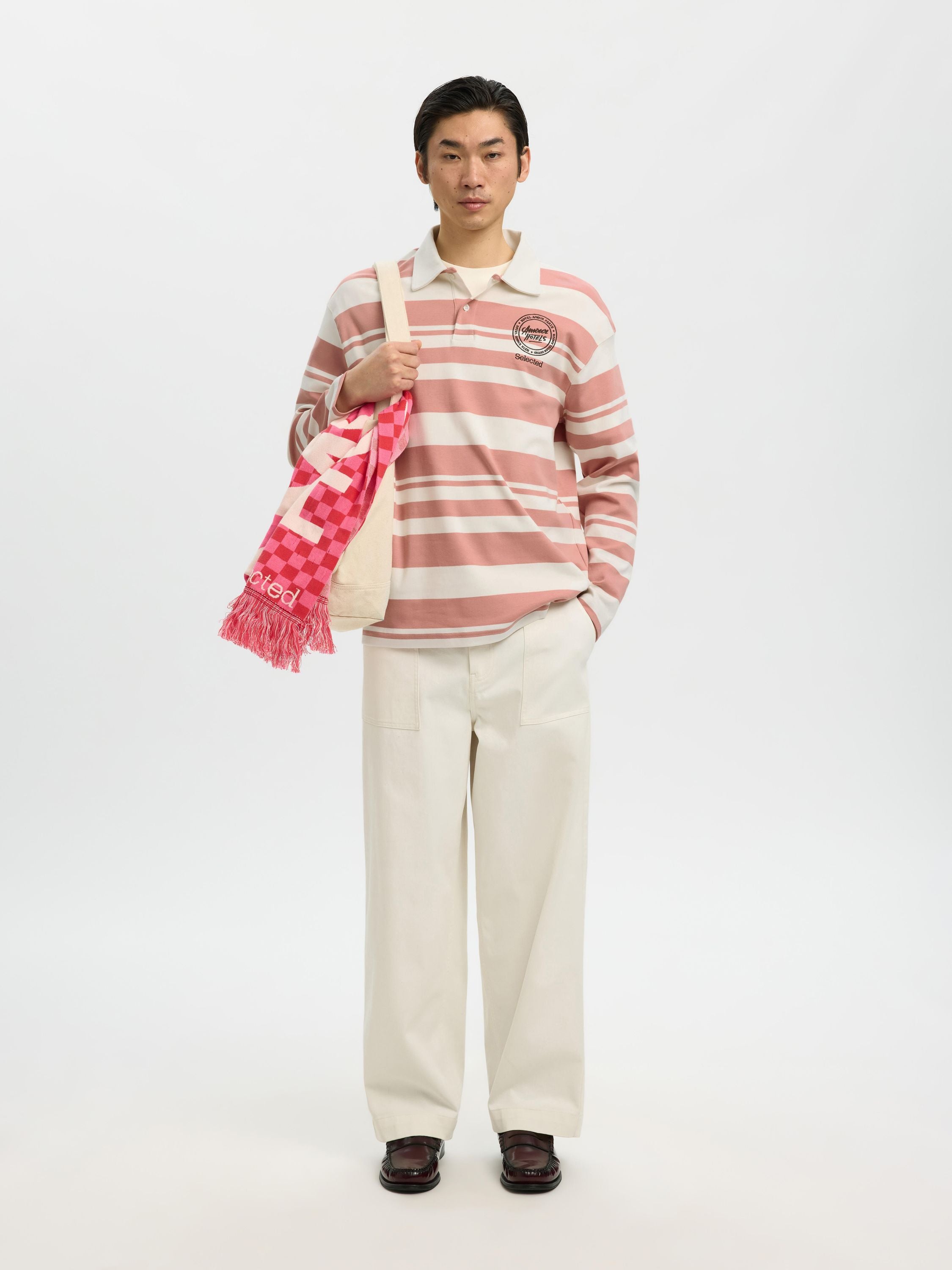 Langarmpoloshirt HOTEL AMOUR aus Bio-Baumwolle - Egret/Rose Dawn - Rot