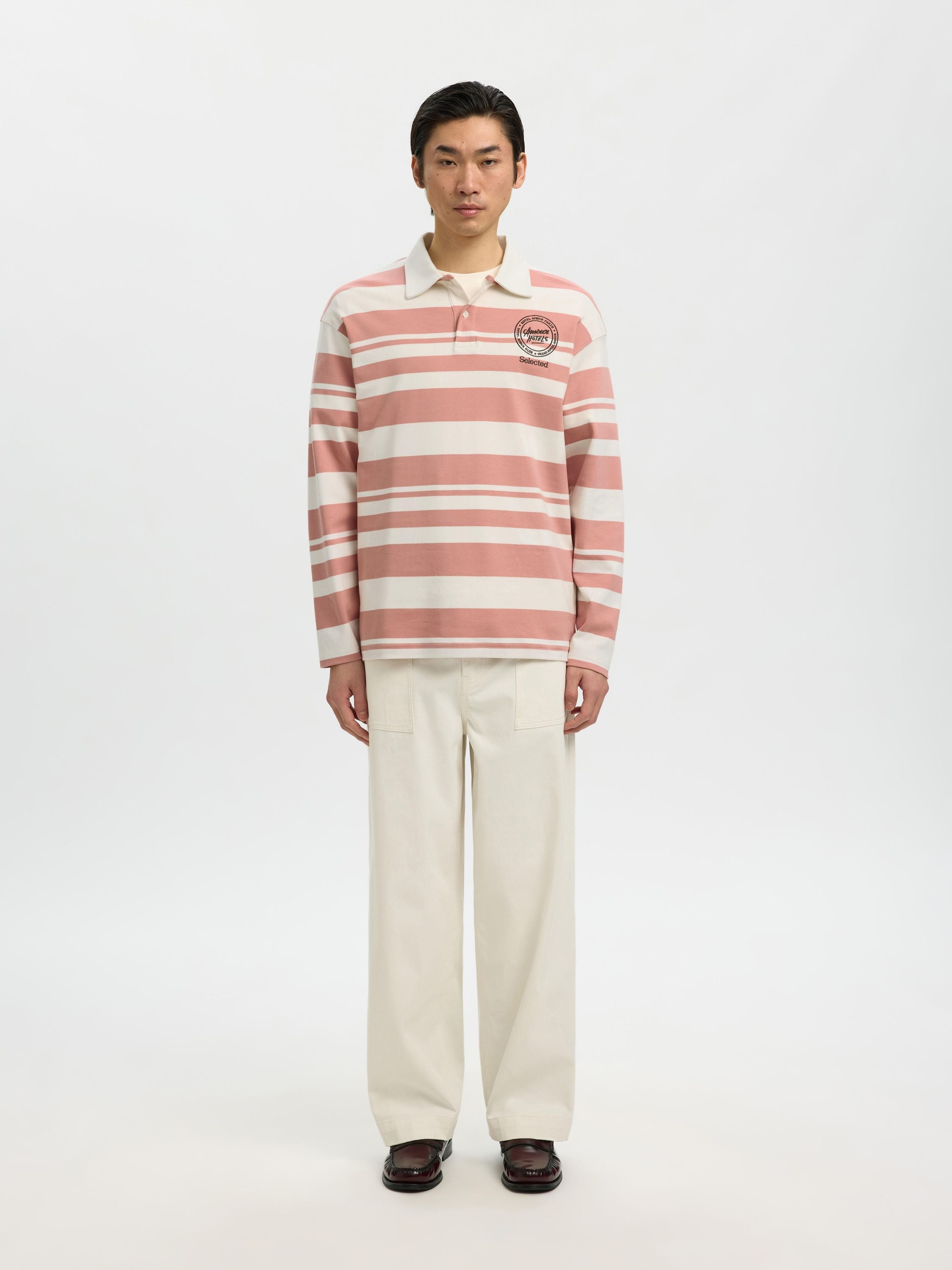 Langarmpoloshirt HOTEL AMOUR aus Bio-Baumwolle - Egret/Rose Dawn - Rot