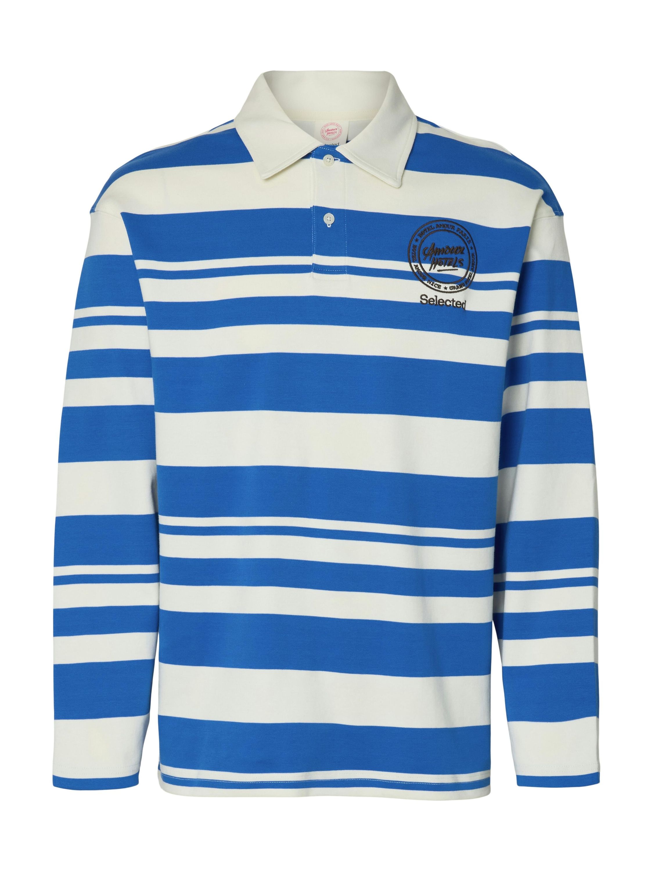 Langarmpoloshirt HOTEL AMOUR aus Bio-Baumwolle - Egret/Victoria Blue - Blau