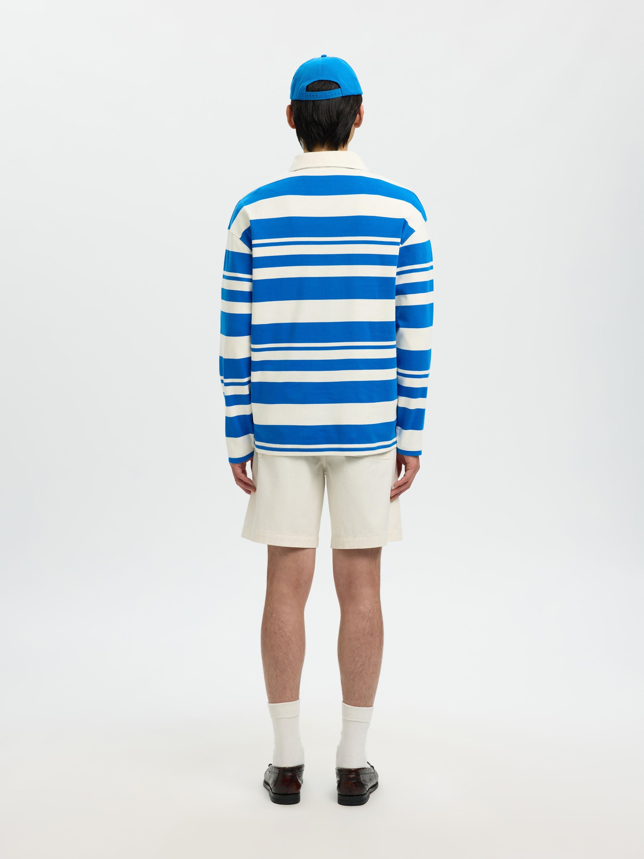 Langarmpoloshirt HOTEL AMOUR aus Bio-Baumwolle - Egret/Victoria Blue - Blau