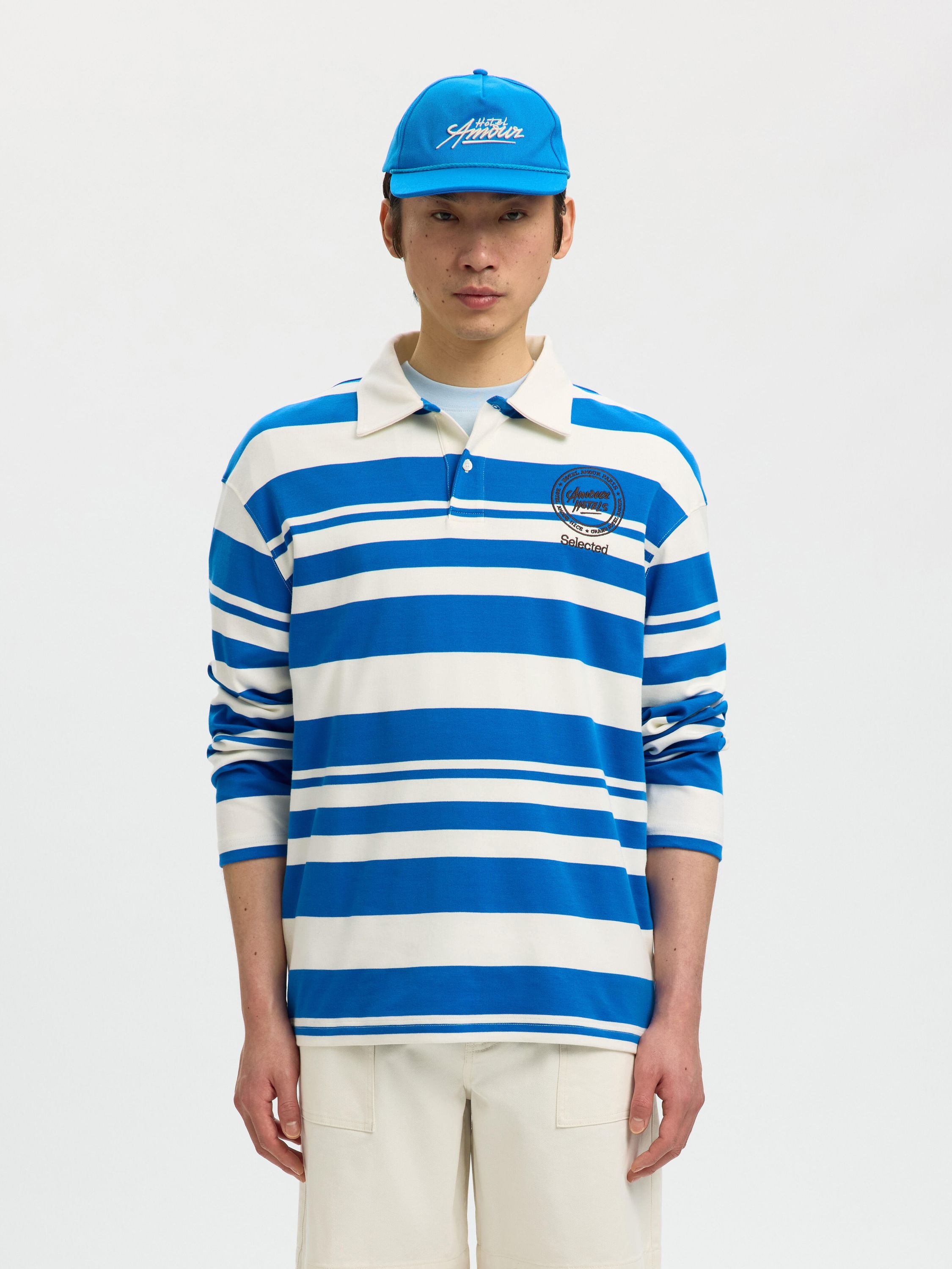 Langarmpoloshirt HOTEL AMOUR aus Bio-Baumwolle - Egret/Victoria Blue - Blau