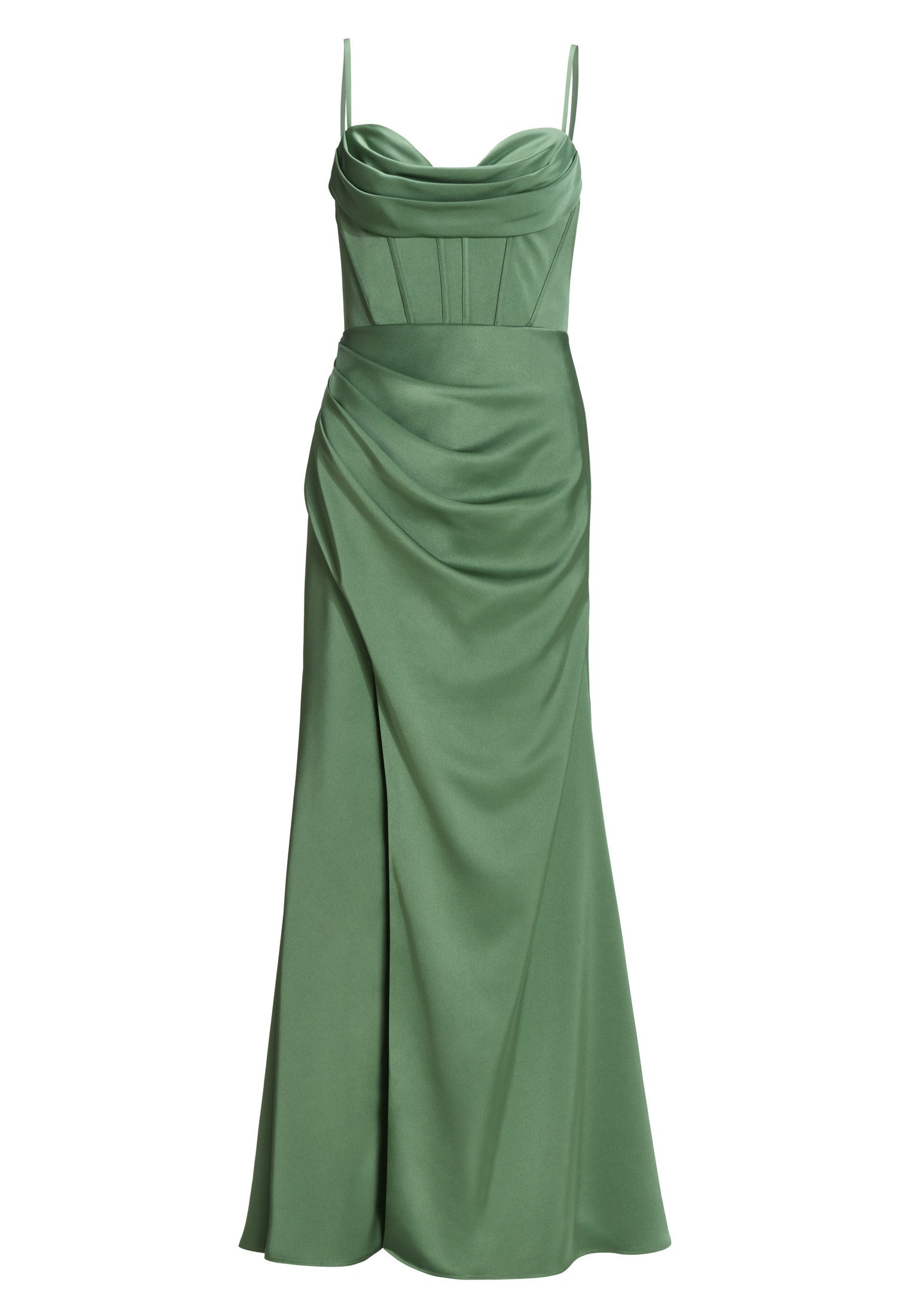 Satinkleid Maxi  mit Drapierung und Beinschlitz - 541 - Grün