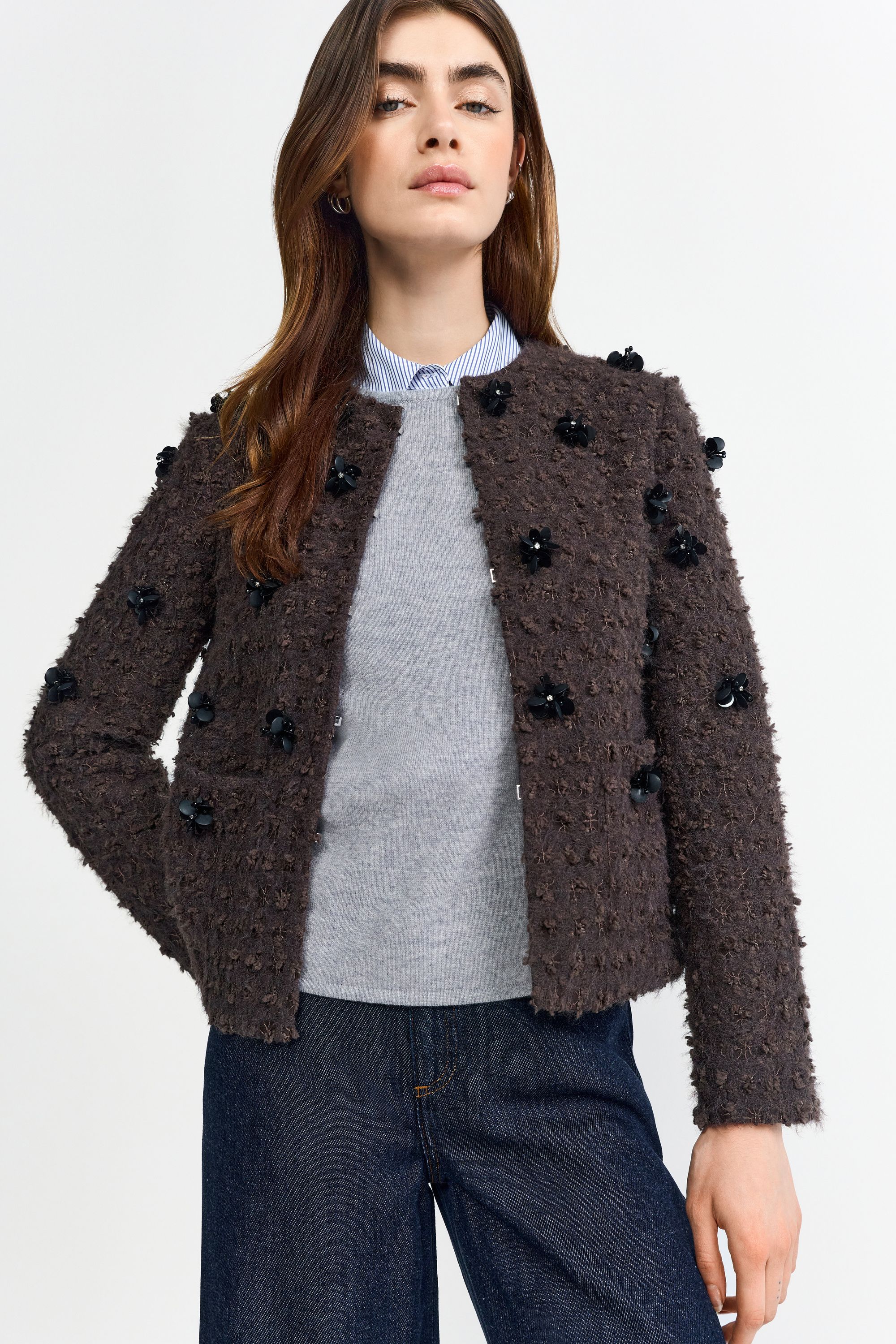 Jacke mit 3D-Blumen - 285-dark chocolate - Braun