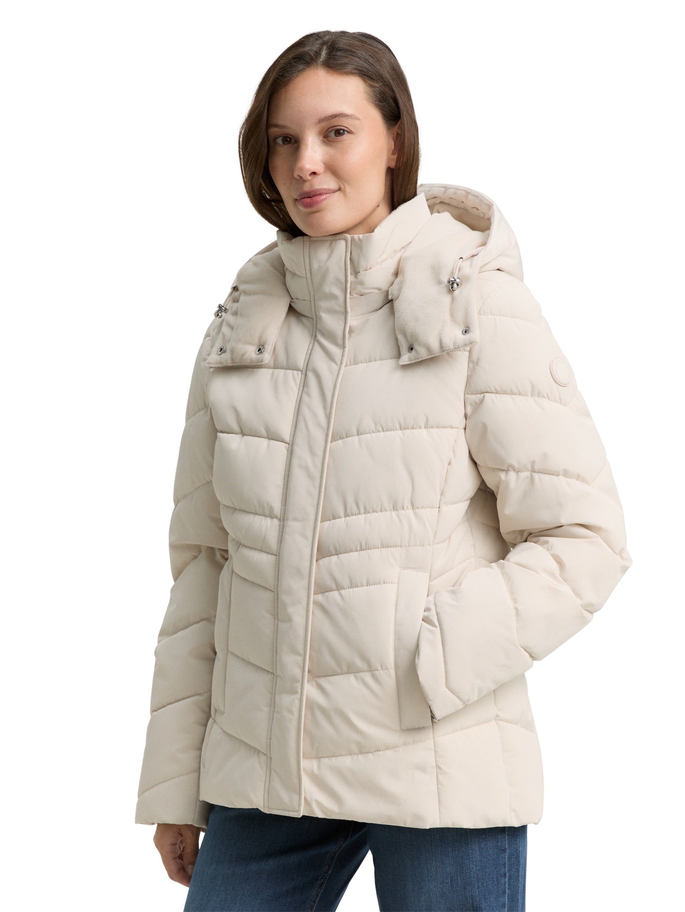 Puffer-Jacke mit abnehmbarer Kapuze - 27609-cold beige - Creme
