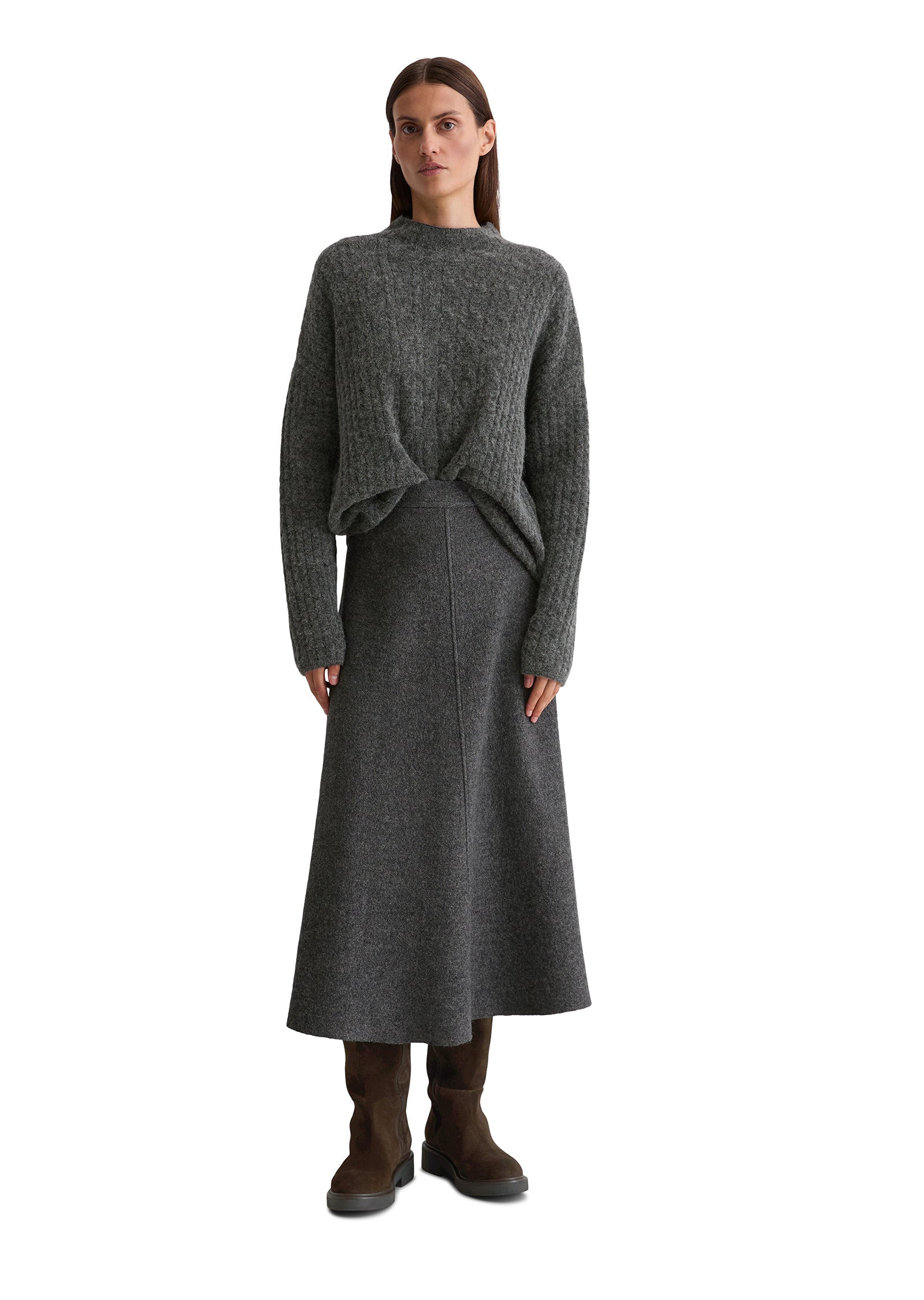 Ausgestellter Rock Midi aus Boiled Wool - 927-rocky grey melange - Grau