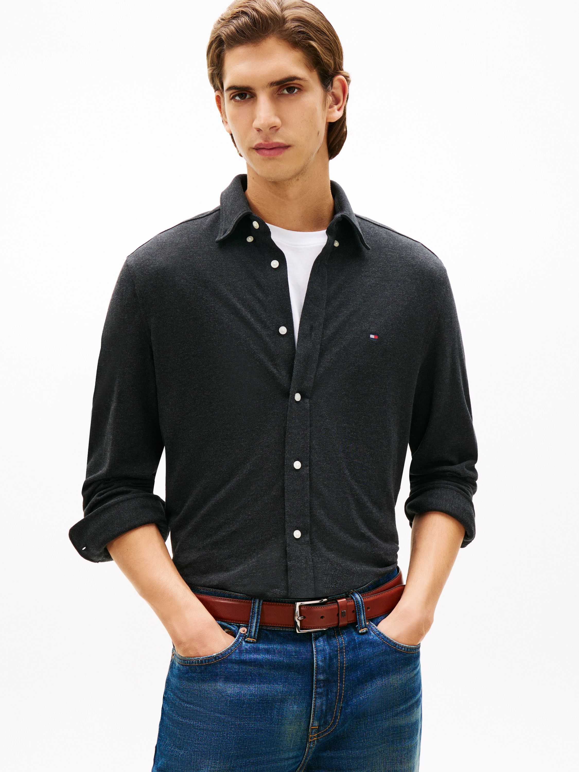 Hemd aus Pique Regular Fit - BDS-BLACK - Schwarz