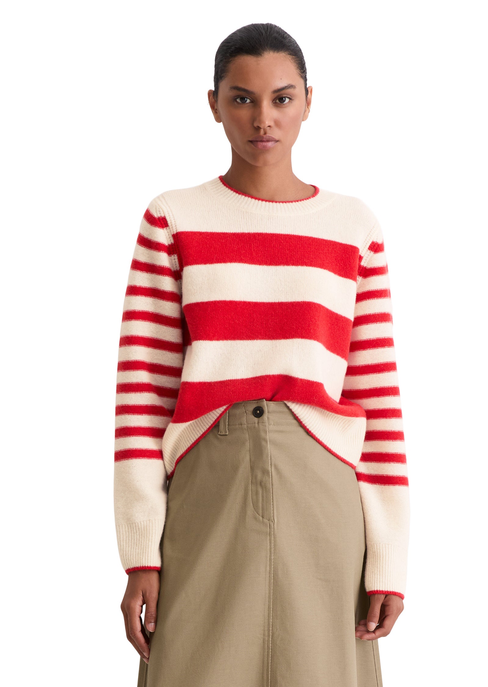 Strickpullover aus Schurwolle - J48-striped / raw cream - Rot