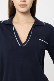 Polo-Feinstrick-Pullover aus Viskose - 2941 - Blau