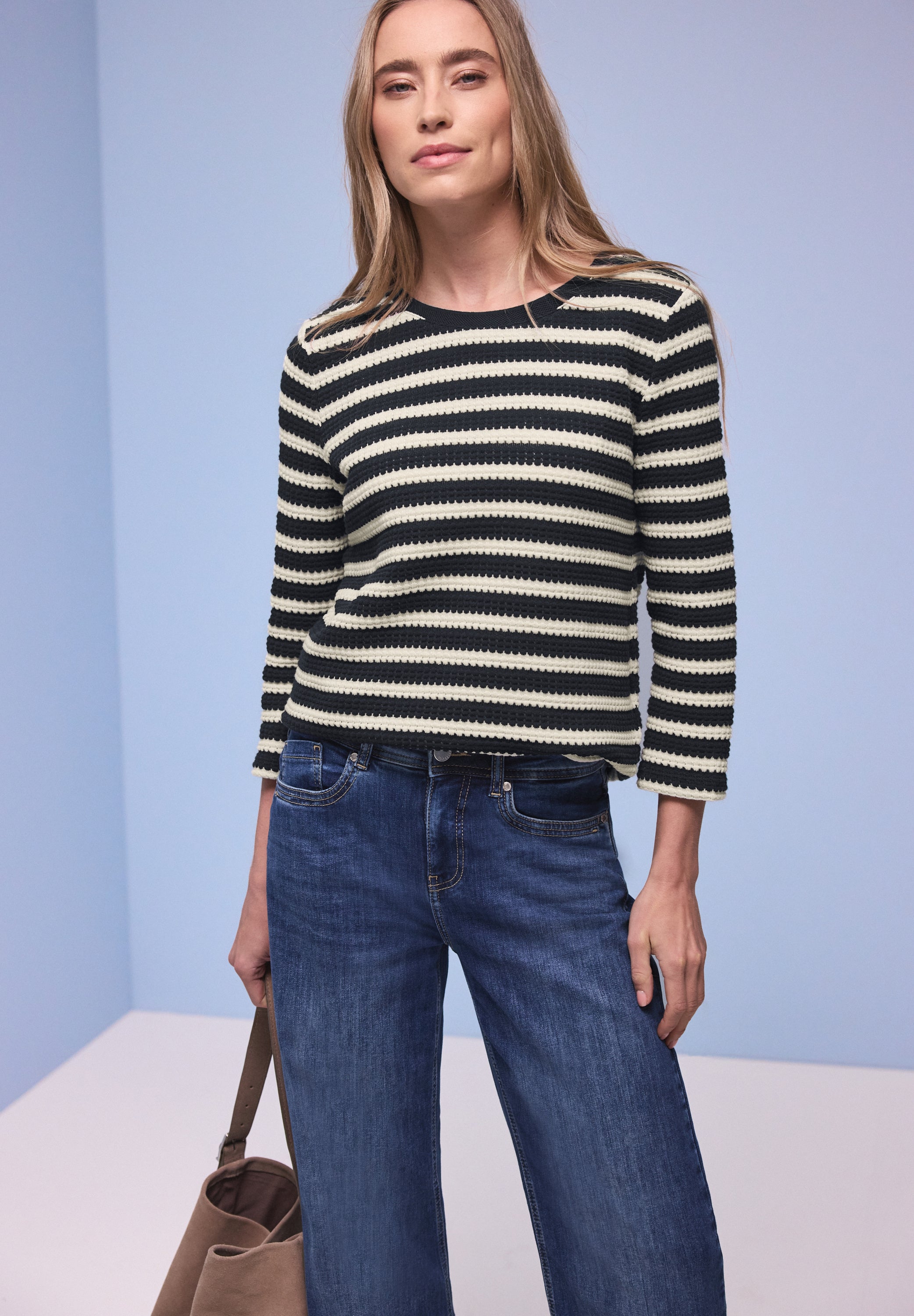 Strickpullover aus Baumwollmix - 27502-shadowed navy - Blau | Weiß