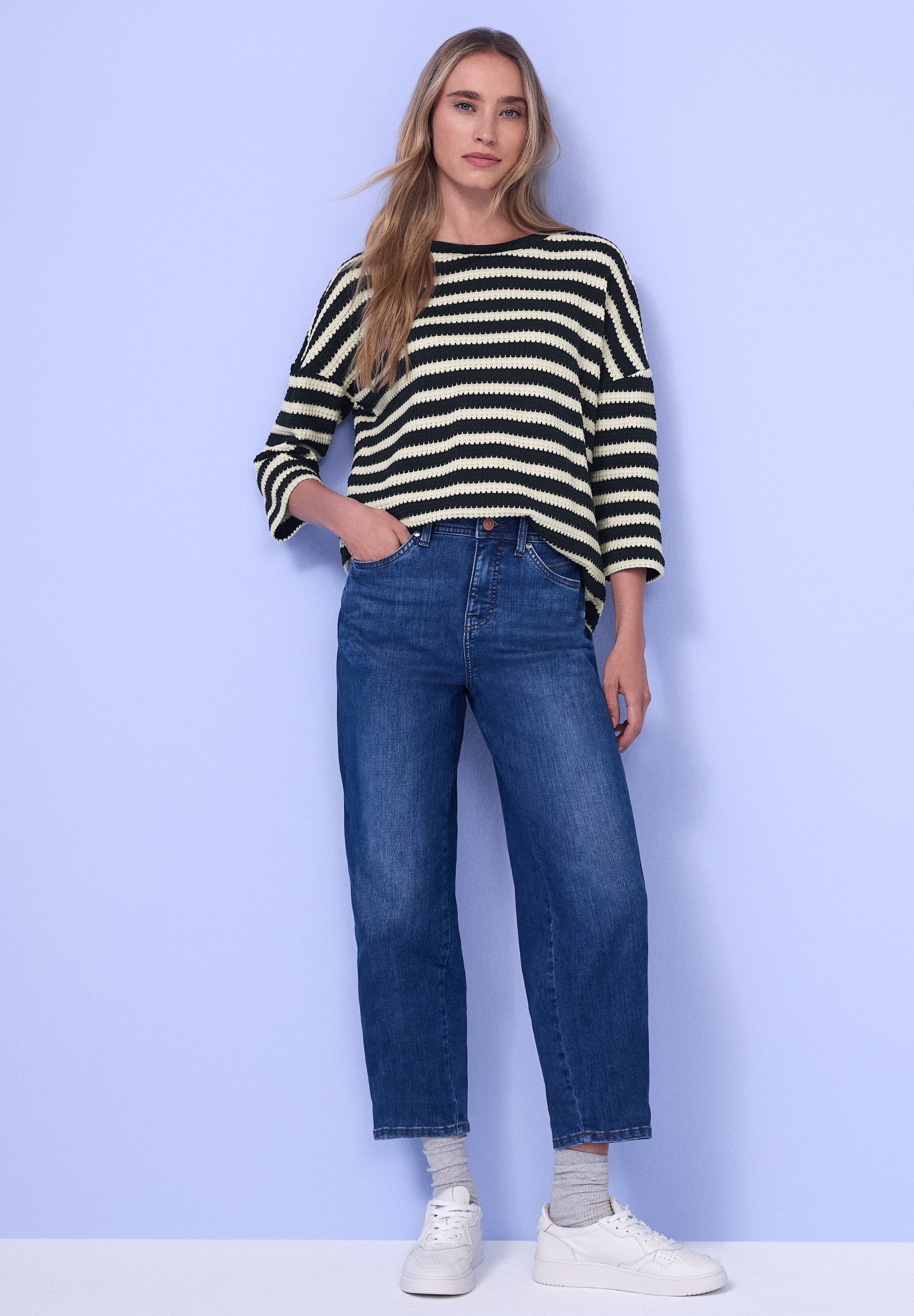 Strickpullover aus Baumwollmix - 27502-shadowed navy - Blau | Weiß