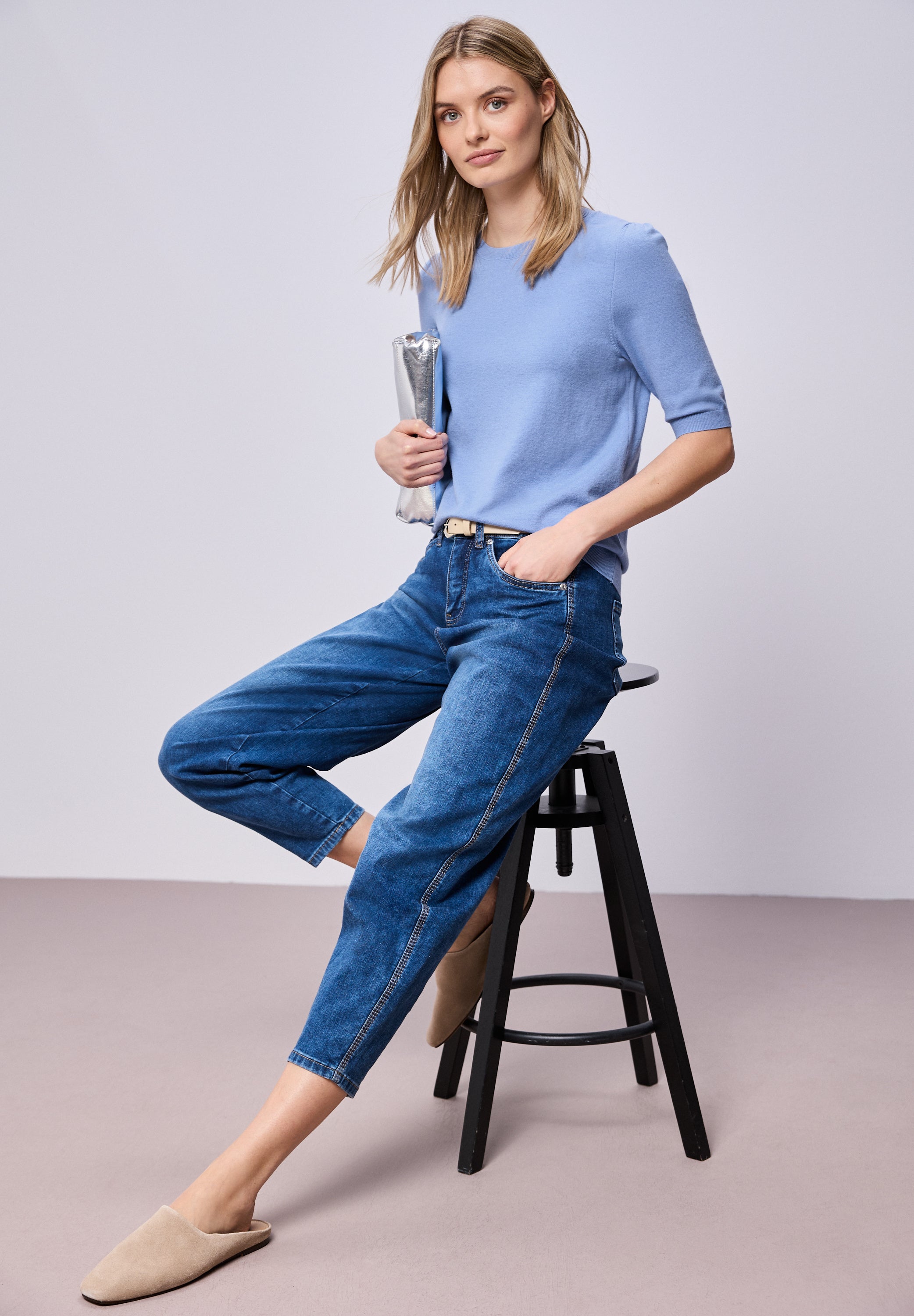 Strickpullover Halbarm Rundhalsausschnitt - 17453-bonnet blue - Blau