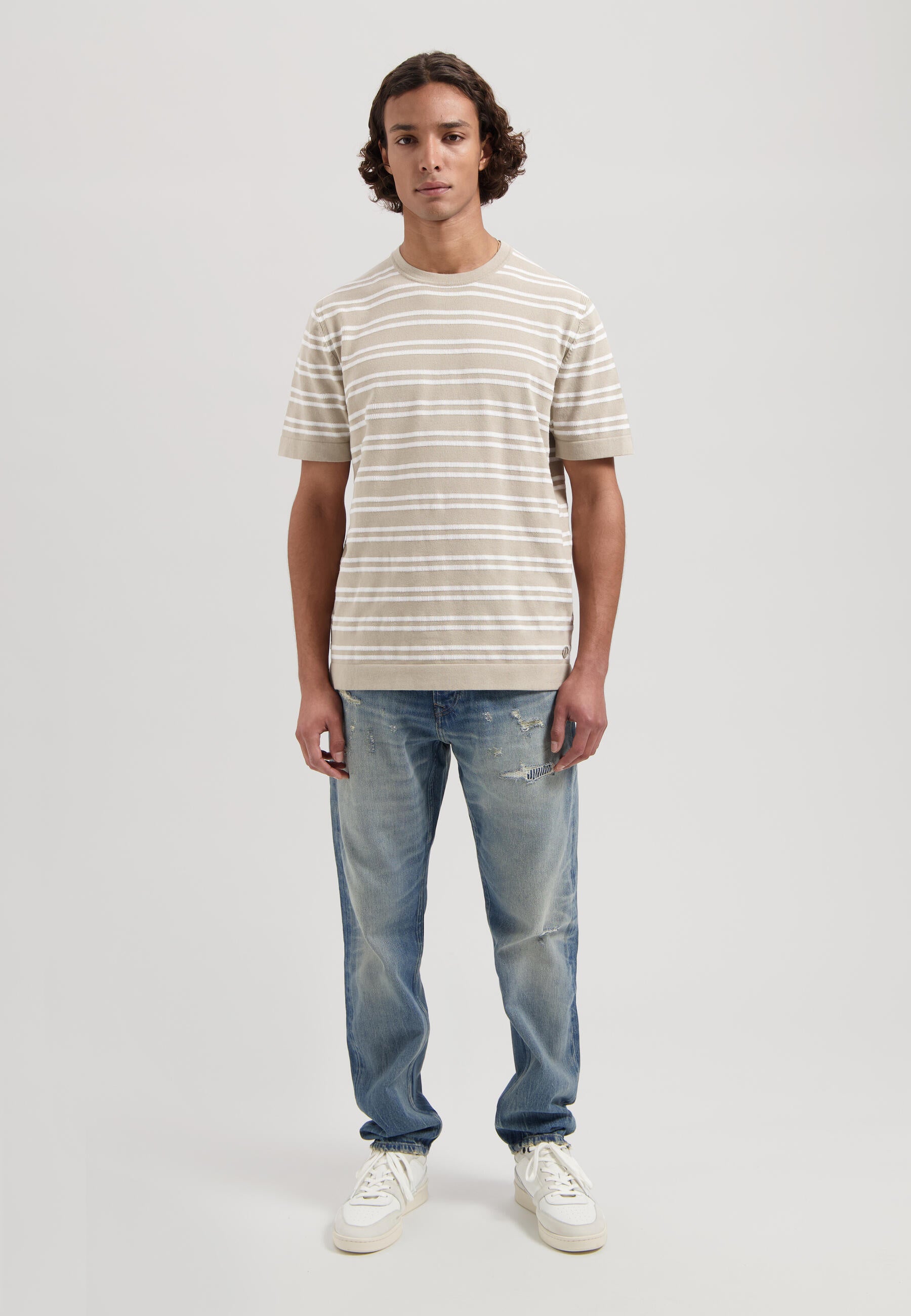 T-Shirt gestreift aus Baumwolle - 808-Aluminium - Beige