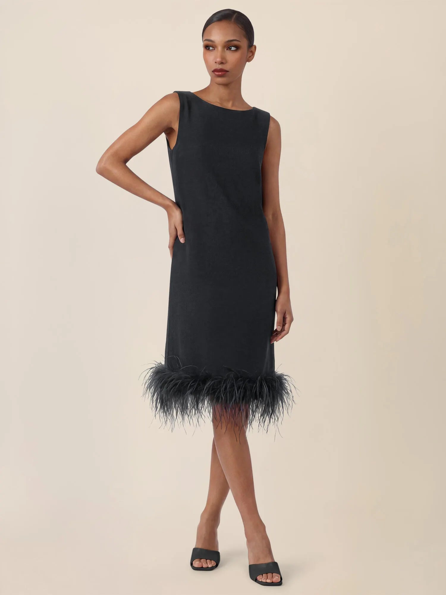 Shiftkleid Midi mit Federsaum