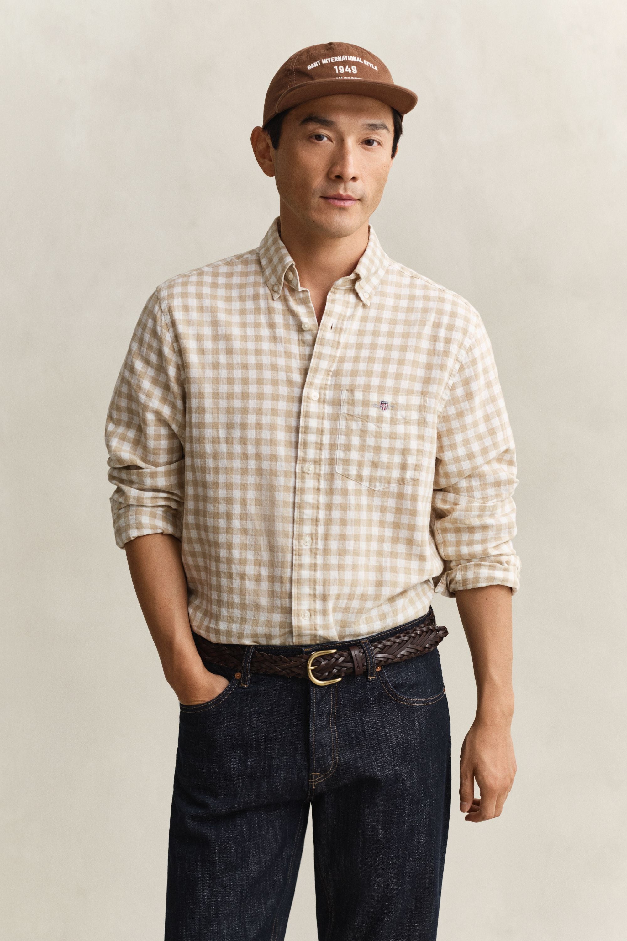 Gingham-Hemd Regular Fit aus Leinenmix