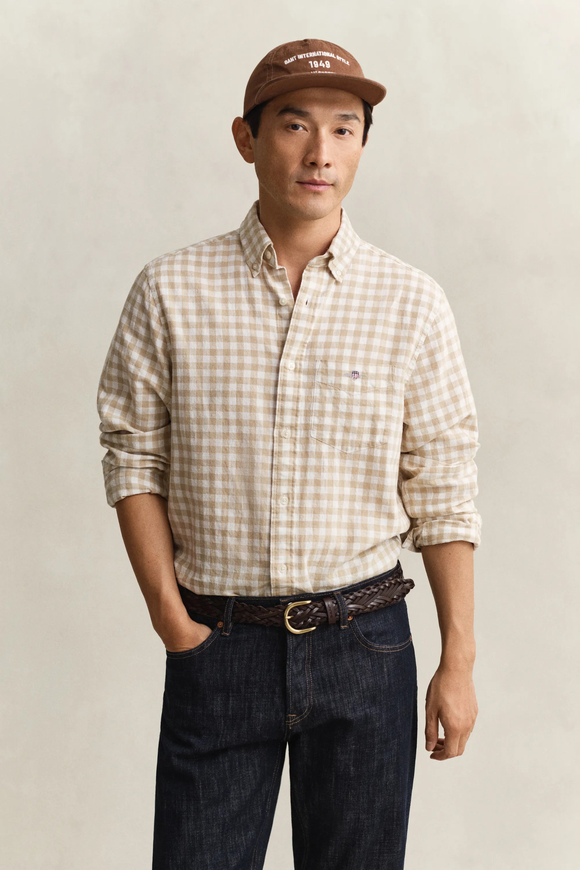 Gingham-Hemd Regular Fit aus Leinenmix