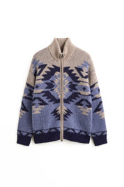 ALPACA BLEND JACQUARD ZIP CARDIGAN, BLUE HORIZON XXL